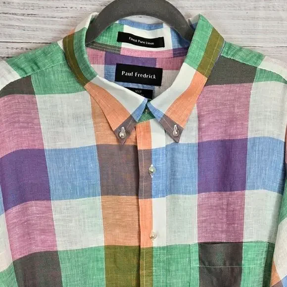 Paul Fredrick Pure Linen Classic Button Shirt 2XLT Vibrant Multi Rainbow Check - Picture 4 of 7